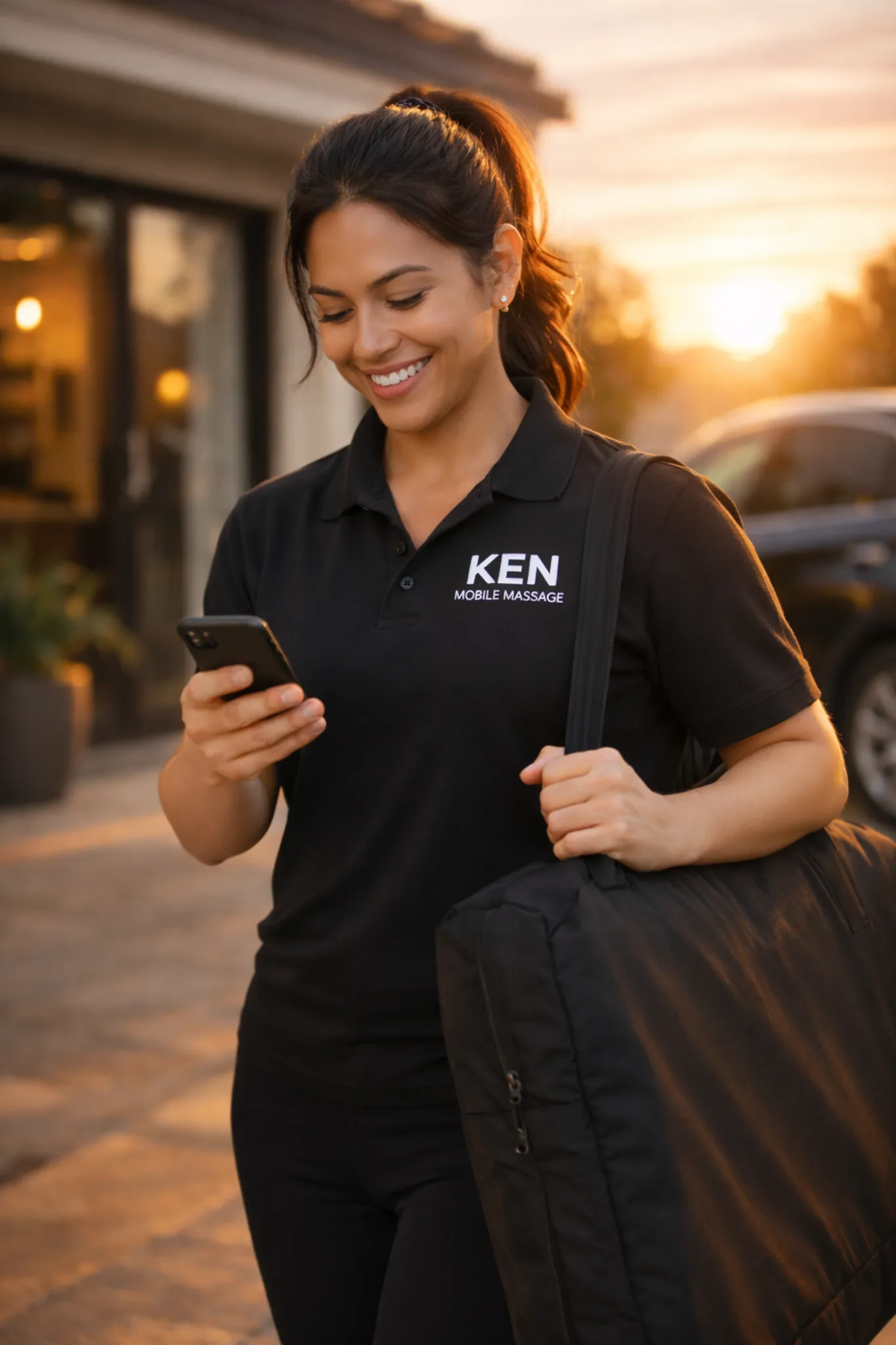 Mobile massage therapist arriving at a client's home with professional equipment