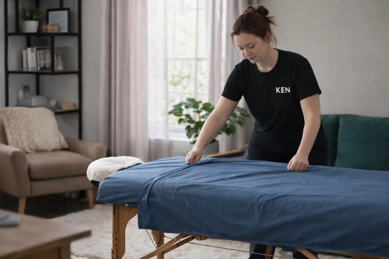 Massage therapist setting up professional equipment for a corporate wellness event